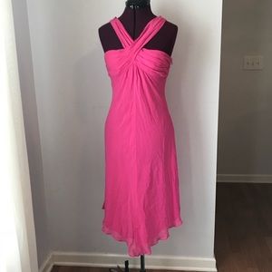 Halter midi dress, lined, flowing, V hem